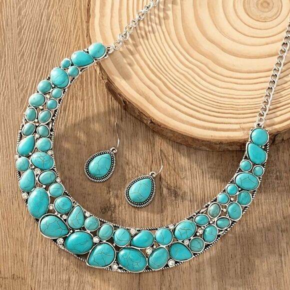 Western Boho Silver Diamond Turquoise Necklace and Earring Set - Picture 2 of 5